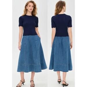 Shoshanna Faith Short Sleeve Mixed Media A-Line Midi Dress Blue Women's Size S